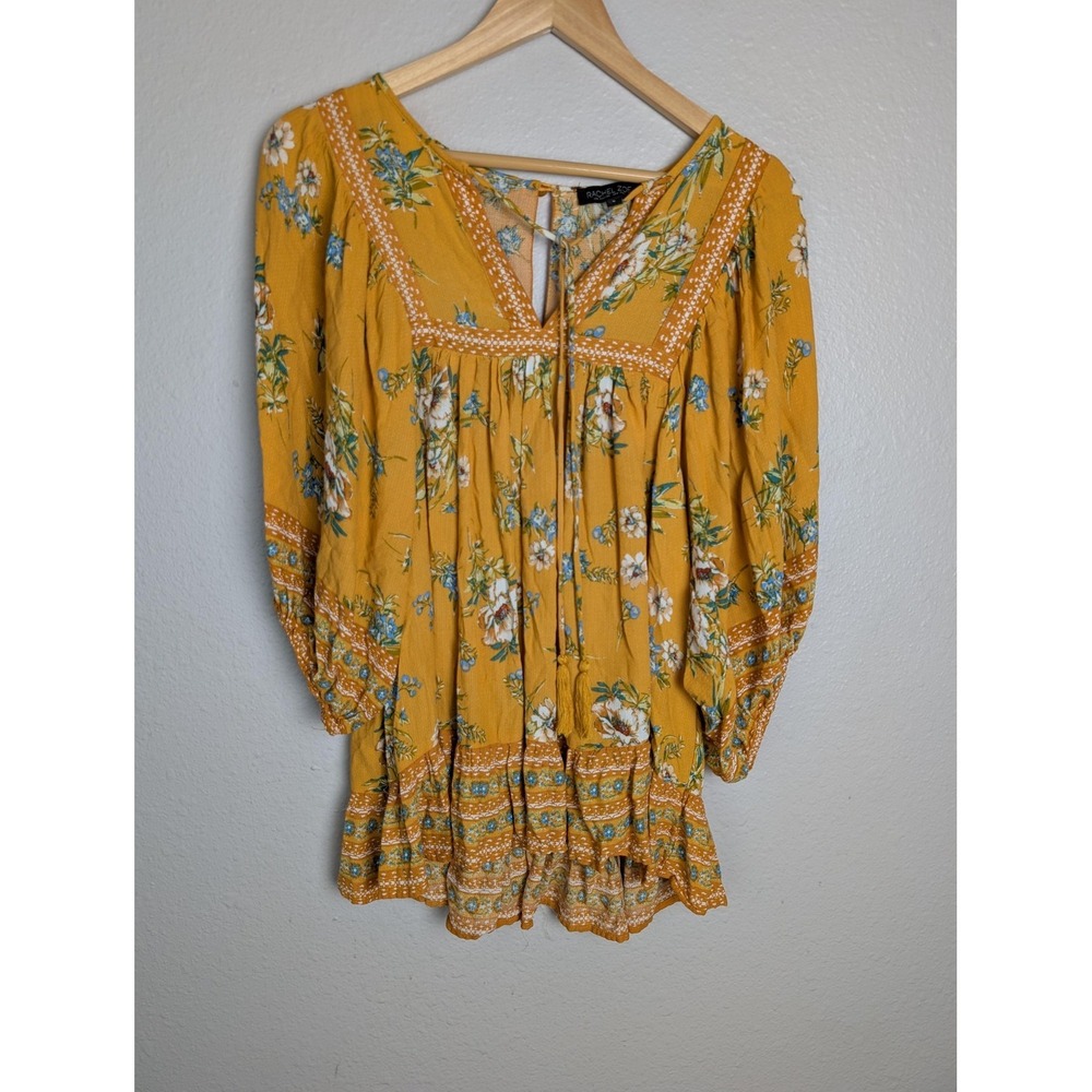 Rachel Zoe top Womens S Yellow Short Mini Floral Tasseled Balloon Sleeve
